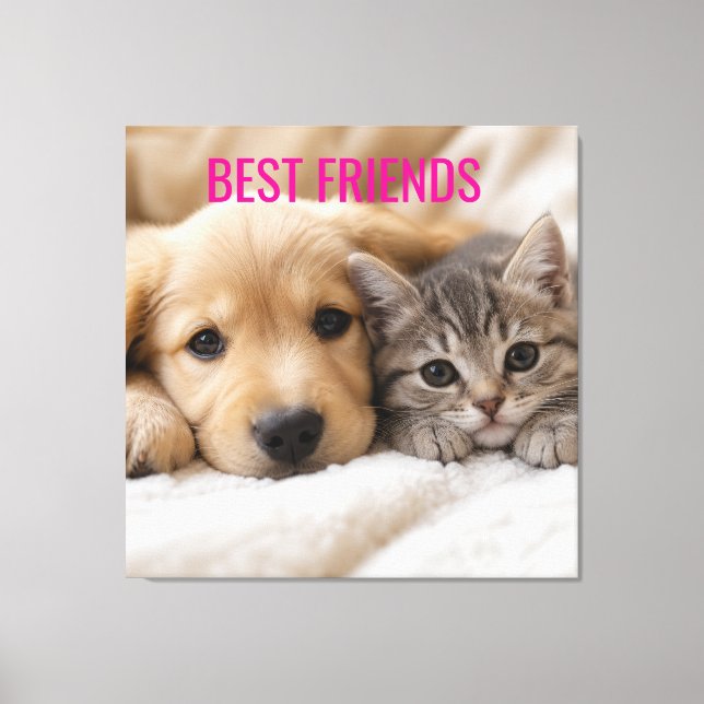 Cute Sleeping Puppy and Kitten Cuddle Canvas Print (Front)