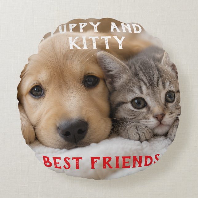 Cute Sleeping Puppy and Kitten Cuddle Round Pillow (Front)