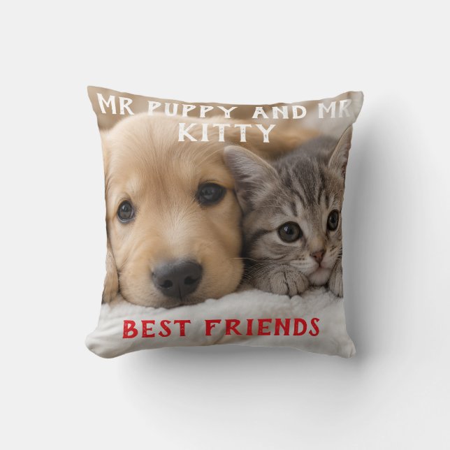 Cute Sleeping Puppy and Kitten Cuddle Throw Pillow (Front)