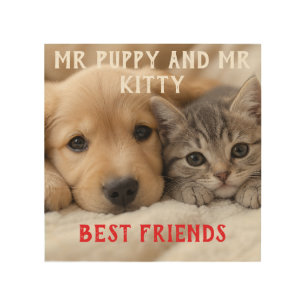 Cute Sleeping Puppy and Kitten Cuddle Wood Wall Art