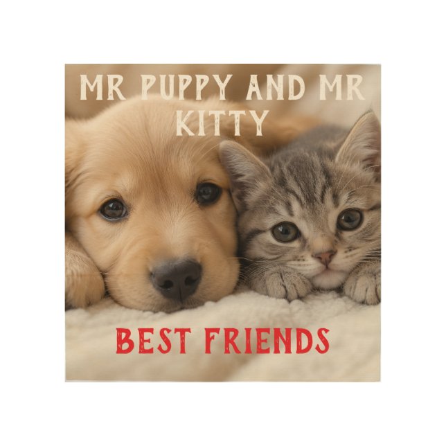 Cute Sleeping Puppy and Kitten Cuddle Wood Wall Art (Front)