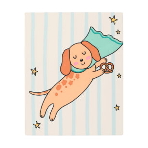 Cute Sleeping Puppy with Pretzel Kids Bedroom Post Metal Print