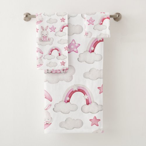Cute Sleeping Rabbit Bunny on Cloud Bedtime Bath Towel Set