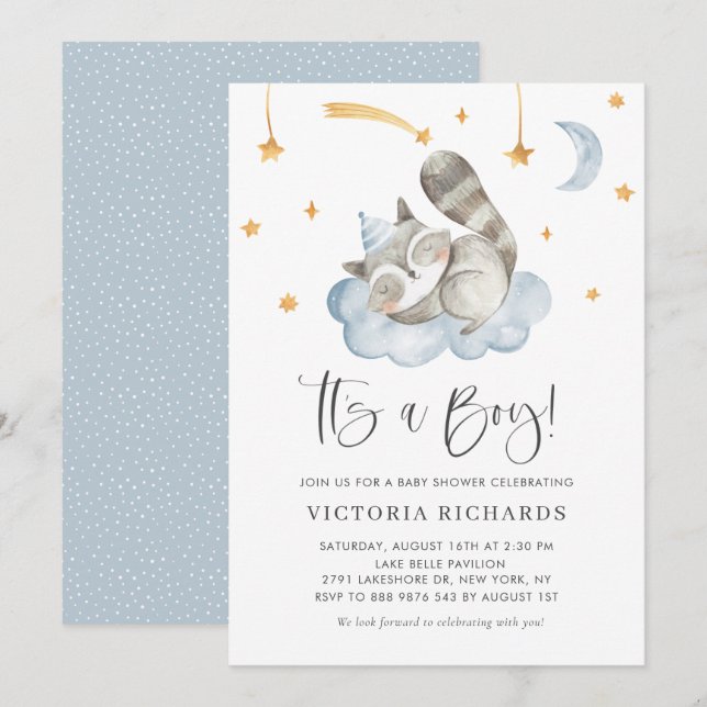 Cute Sleeping Raccoon Blue It's a Boy Baby Shower Invitation (Front/Back)
