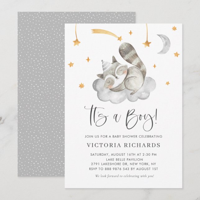Cute Sleeping Raccoon Gray It's a Boy Baby Shower Invitation (Front/Back)