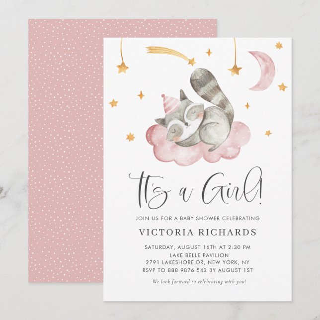 Cute Sleeping Raccoon Pink It's a Girl Baby Shower Invitation (Front/Back)