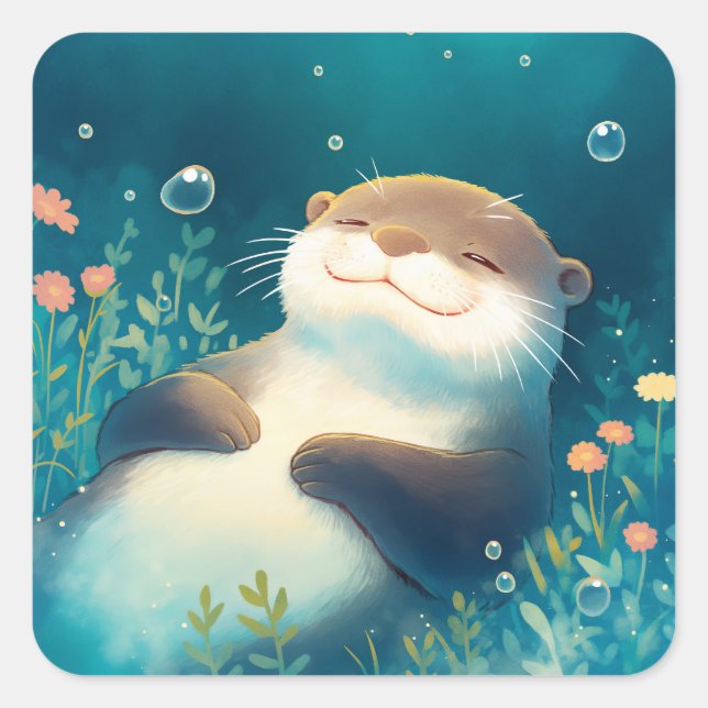Cute Sleeping Sea Otter Underwater with Bubbles Square Sticker (Front)