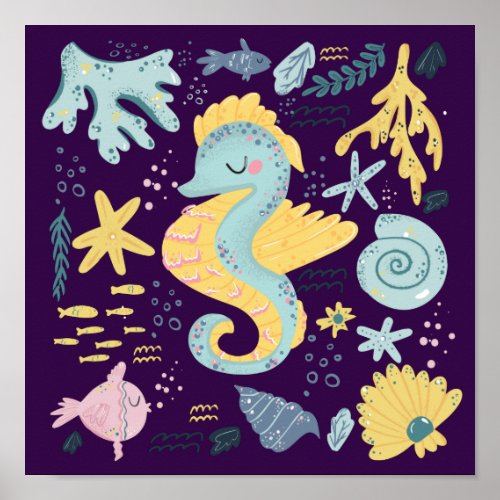 Cute Sleeping Seahorse Underwater Doodle Poster