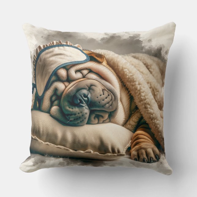 Cute Sleeping Shar Pei Dog Throw Pillow (Front)
