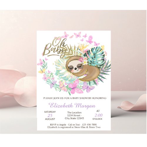 Cute Sleeping Sloth Butterflies Baby Shower    Invitation