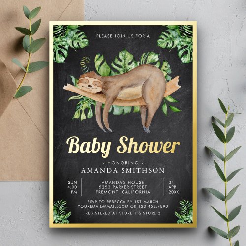 Cute Sleeping Sloth Chalkboard Baby Shower Gold Foil Invitation