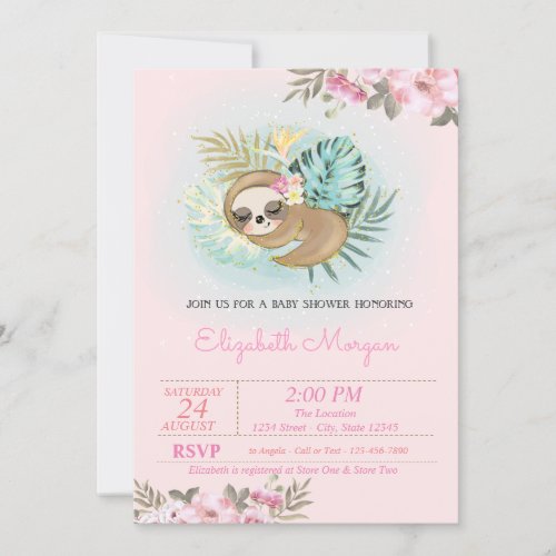 Cute Sleeping Sloth Floral Baby Shower  Invitation