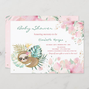 Cute Sleeping Sloth Flowers Baby Shower Invitation