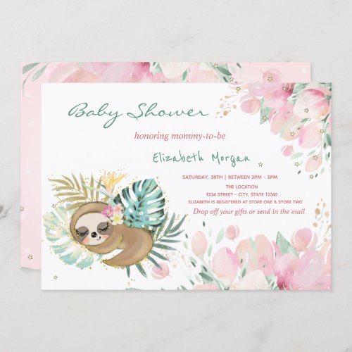 Cute Sleeping Sloth Flowers Baby Shower  Invitation