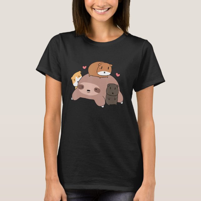 Cute Sleeping Sloth Loves Guinea Pigs for pet love T-Shirt (Front)