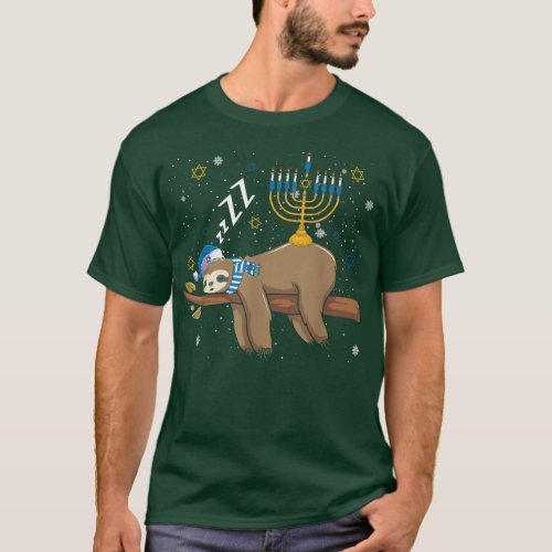 Cute Sleeping Sloth Menorah Jewish Holiday Hanukka T_Shirt
