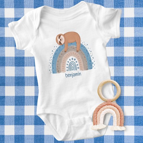 Cute Sleeping Sloth on Boho Rainbow Monogram  Baby Bodysuit