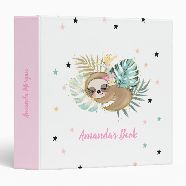 Cute Sleeping Sloth,Stars,Princess   3 Ring Binder (Front/Spine)