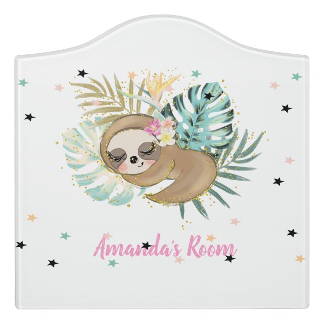 Cute Sleeping Sloth,Stars,Princess   Door Sign (Large Crest Front)