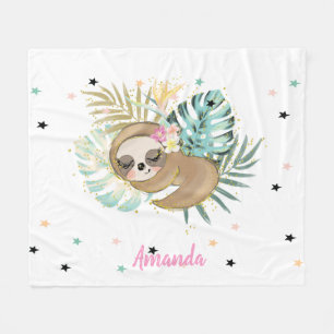 Cute Sleeping Sloth,Stars,Princess Fleece Blanket