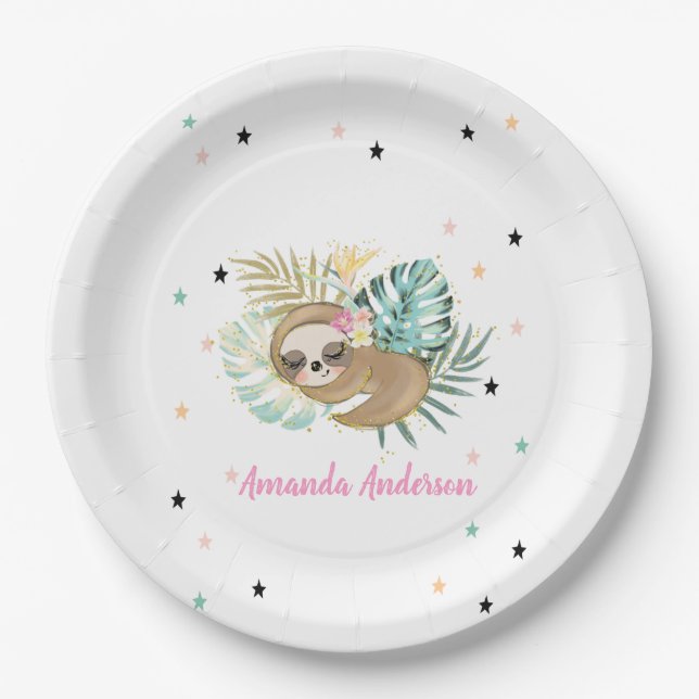 Cute Sleeping Sloth,Stars,Princess  Paper Plates (Front)