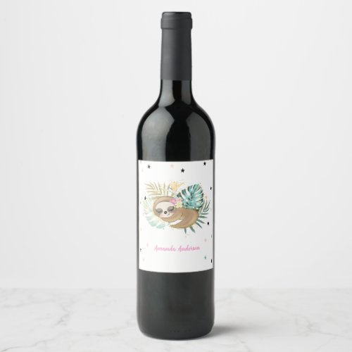 Cute Sleeping SlothStarsPrincess    Wine Label