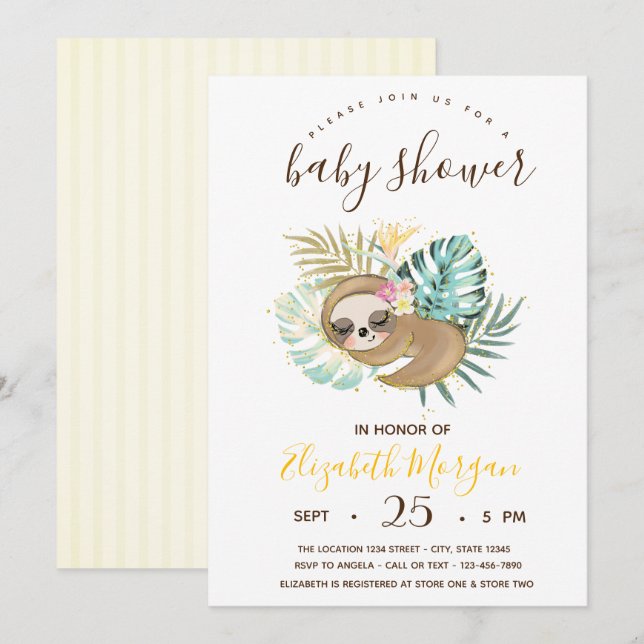 Cute Sleeping Sloth,Stripes Baby Shower  Invitation (Front/Back)