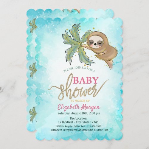 Cute Sleeping Sloth Tropical Baby Shower Invitation