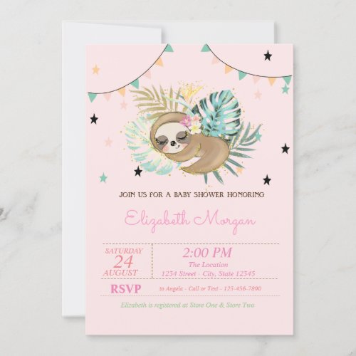 Cute Sleeping Sloth Tropical Leaves Baby Shower  Invitation