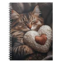 CUTE SLEEPING TABBY CAT WITH HEART PILLOW