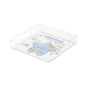 Cute Sleeping Teddy Bear Baby Boy Birth Stats Acrylic Tray