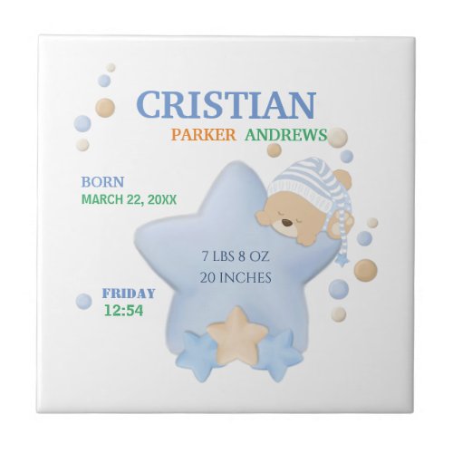 Cute Sleeping Teddy Bear Baby Boy Birth Stats Cera Ceramic Tile