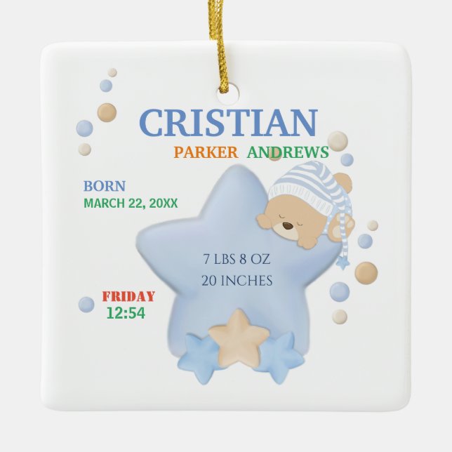 Cute Sleeping Teddy Bear Baby Boy Birth Stats Ceramic Ornament (Front)