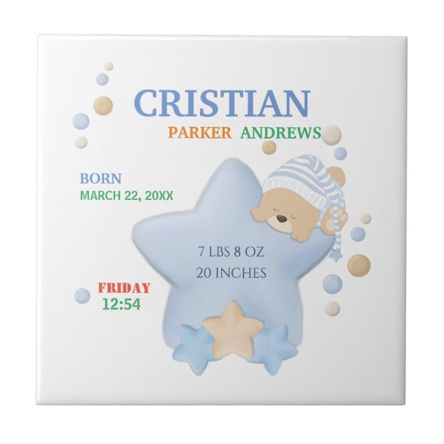 Cute Sleeping Teddy Bear Baby Boy Birth Stats Ceramic Tile (Front)