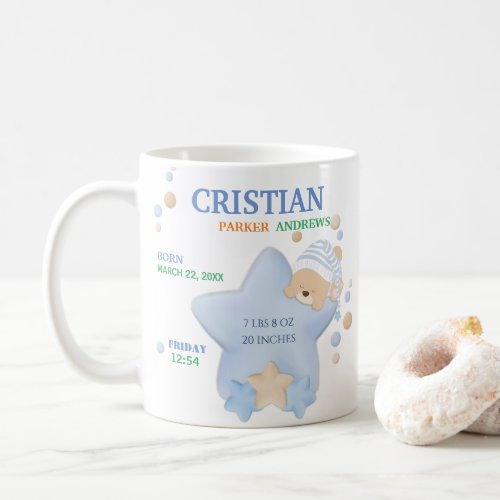 Cute Sleeping Teddy Bear Baby Boy Birth Stats Coff Coffee Mug