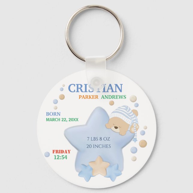 Cute Sleeping Teddy Bear Baby Boy Birth Stats Keychain (Front)