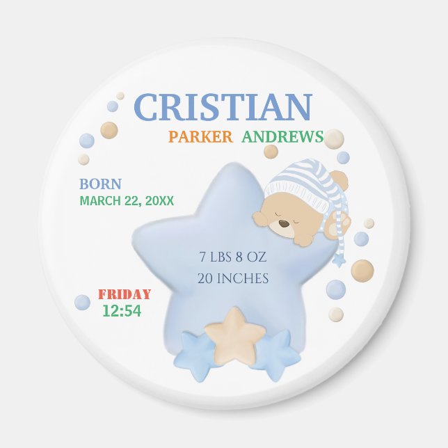Cute Sleeping Teddy Bear Baby Boy Birth Stats Magn Magnet (Front)