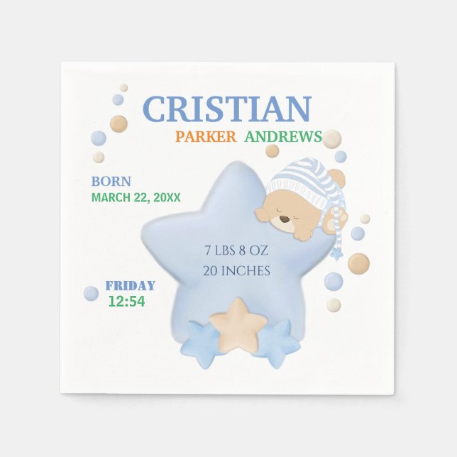 Cute Sleeping Teddy Bear Baby Boy Birth Stats Napkins (Front)