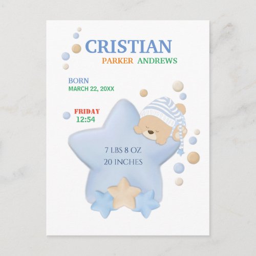 Cute Sleeping Teddy Bear Baby Boy Birth Stats Postcard