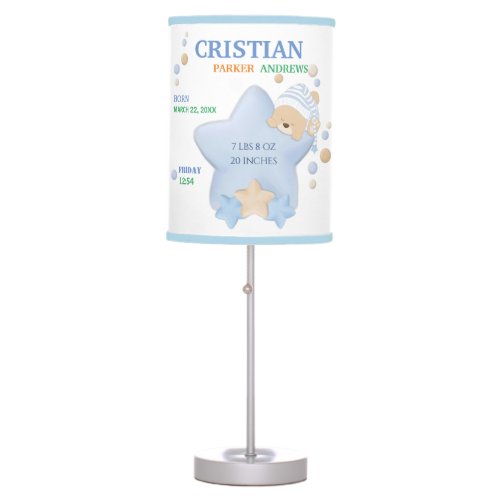 Cute Sleeping Teddy Bear Baby Boy Birth Stats Tabl Table Lamp