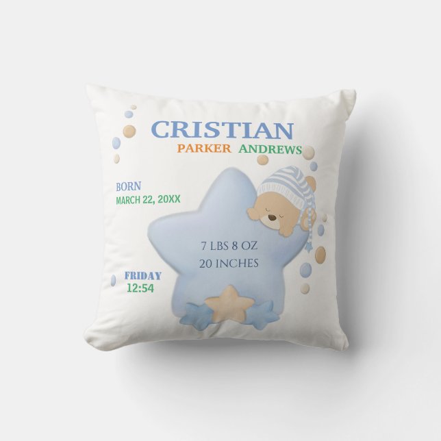 Cute Sleeping Teddy Bear Baby Boy Birth Stats Thro Throw Pillow (Front)