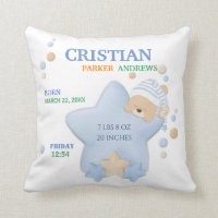 Cute Sleeping Teddy Bear Baby Boy Birth Stats Thro Throw Pillow