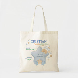 Cute Sleeping Teddy Bear Baby Boy Birth Stats Tote Bag