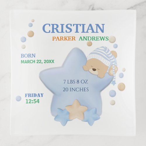 Cute Sleeping Teddy Bear Baby Boy Birth Stats Trinket Tray