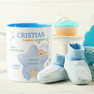 Cute Sleeping Teddy Bear Baby Boy Birth Stats Two- Two-Tone Coffee Mug