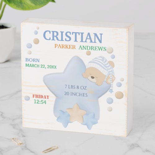 Cute Sleeping Teddy Bear Baby Boy Birth Stats Wooden Box Sign