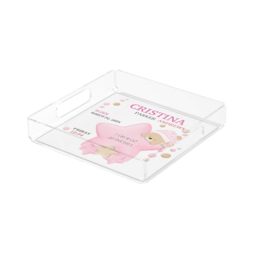 Cute Sleeping Teddy Bear Baby Girl Birth Stats Acr Acrylic Tray