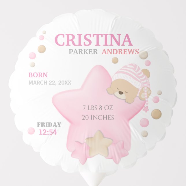 Cute Sleeping Teddy Bear Baby Girl Birth Stats Bal Balloon (Front)