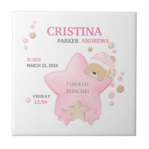 Cute Sleeping Teddy Bear Baby Girl Birth Stats Ceramic Tile