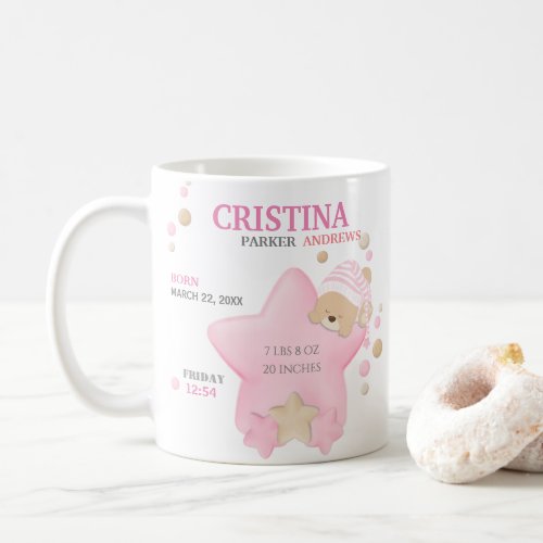 Cute Sleeping Teddy Bear Baby Girl Birth Stats Coffee Mug